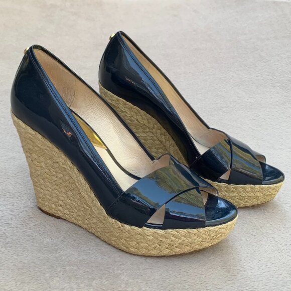 MICHAEL Michael Kors Navy Blue Leather Patent Espadrille Wedges Sz8 - Picture 6 of 16